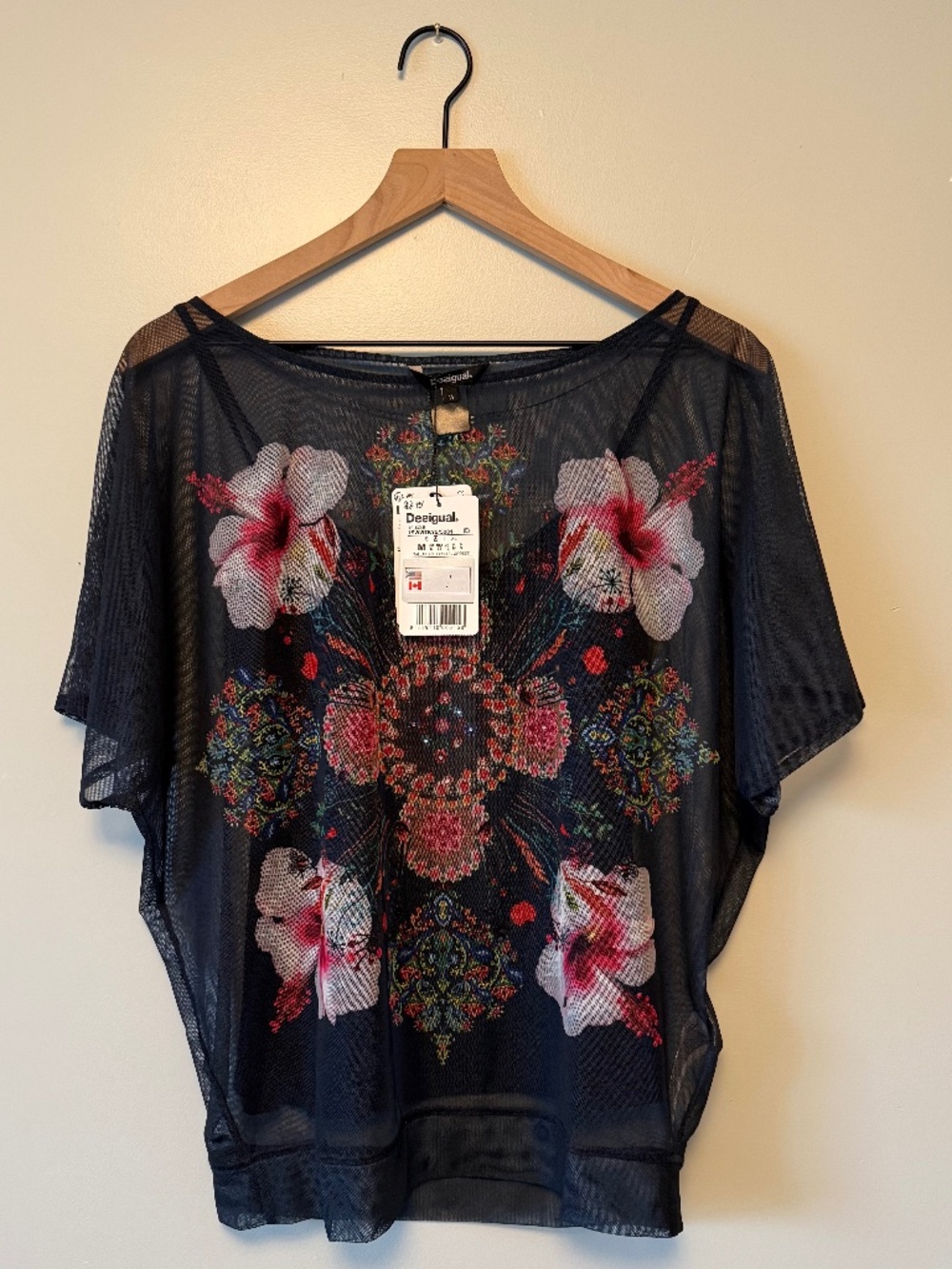 NWT Desigual Floral Mesh Overlay 2-in-1 Top
